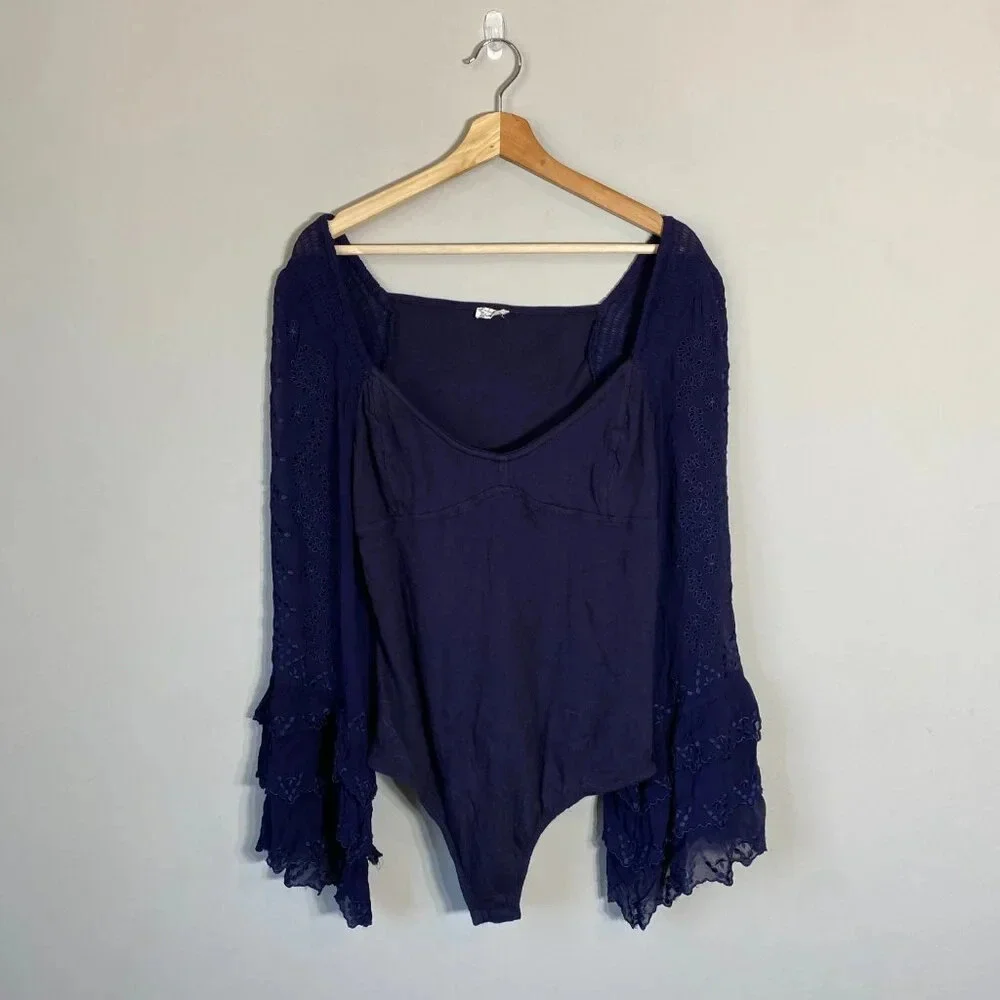 NWOT Free People Intimately FP Enchanted By You Bodysuit Women's Large Navy Silk
